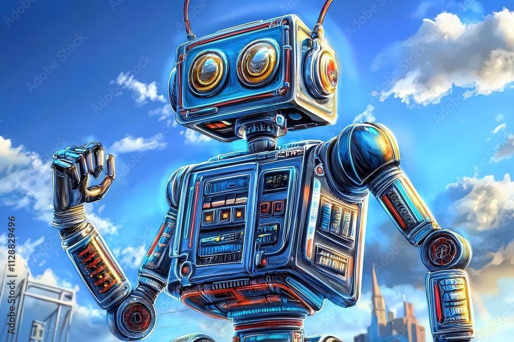 A vibrant, retro-style robot with bright blue and silver colors poses confidently in front of a modern city skyline. The sun shines and fluffy clouds fill the sky, creating a cheerful atmosphere.