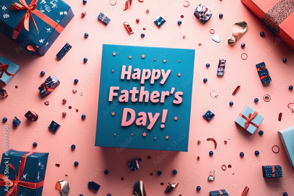 A vibrant setup showcases a bright blue box with a festive message celebrating Fathers Day. Surrounding it are various gifts and decorations on a pink background, creating a joyful atmosphere.