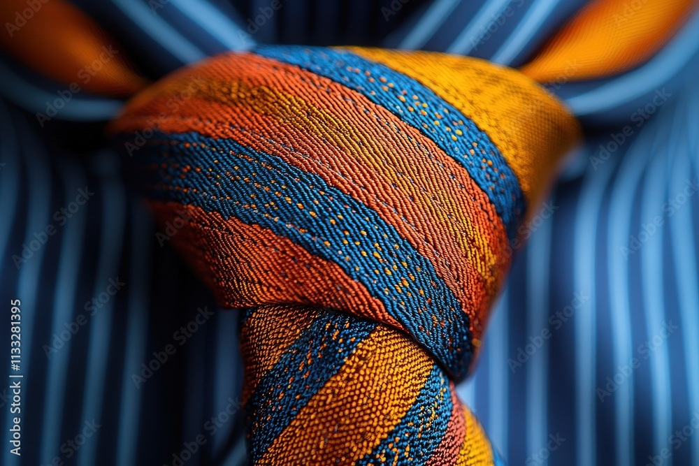 A vibrant silk tie features bold orange and blue stripes intricately woven, resting on a classic blue and white striped shirt. The combination creates a sharp and fashionable look for any occasion.