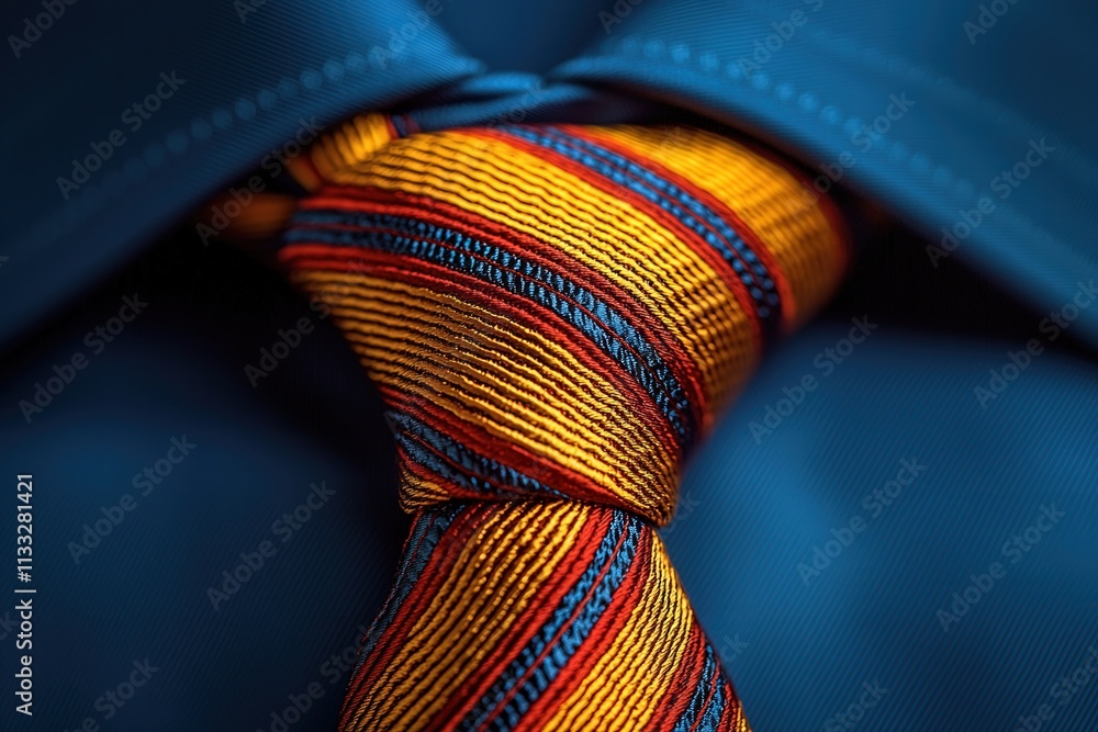 A vibrant silk tie features bold orange, red, and blue stripes, expertly knotted around a crisp dress shirt. The tie adds a touch of elegance to the formal attire, perfect for a business setting.
