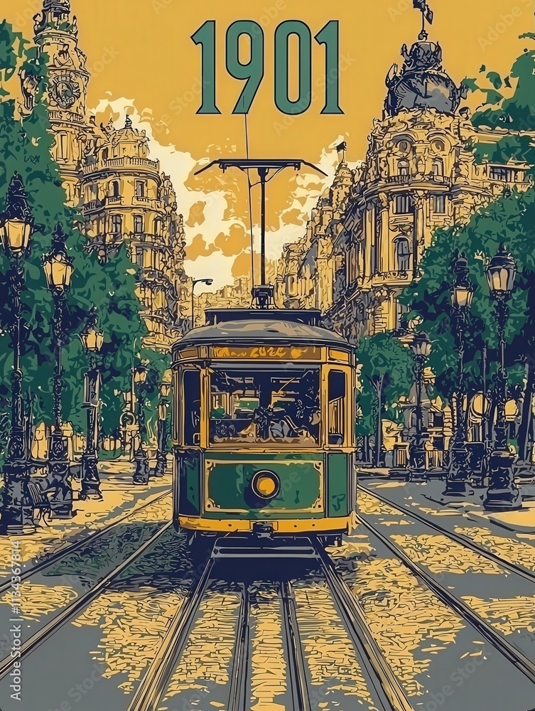 A vibrant streetcar navigates along cobblestone tracks in a historic city setting, surrounded by ornate buildings and lush trees, illuminated by street lamps during the early evening.