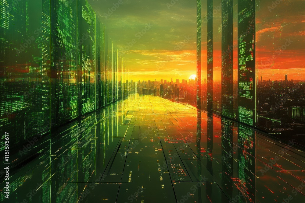A vibrant sunset casts orange and green hues over a futuristic cityscape. Digital data streams reflect on the sleek surfaces, creating a surreal, tech-inspired atmosphere.