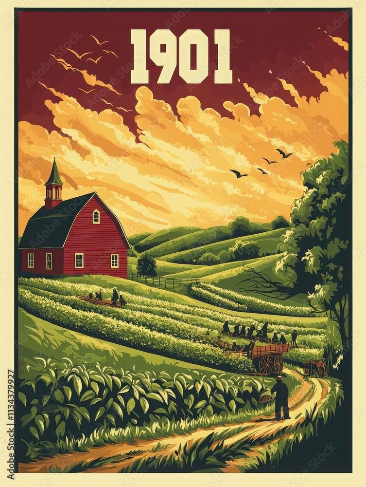 A vibrant sunset casts warm tones over a red barn surrounded by lush hills. A vintage wagon is pulled by a team, suggesting a busy agricultural scene from 1901.