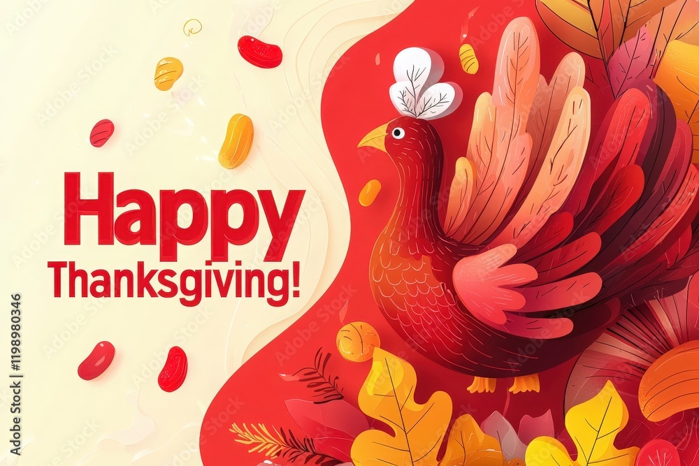 A vibrant turkey adorned with a festive hat stands prominently against a rich red backdrop. Surrounding it are autumn leaves and nuts, capturing the spirit of Thanksgiving.
