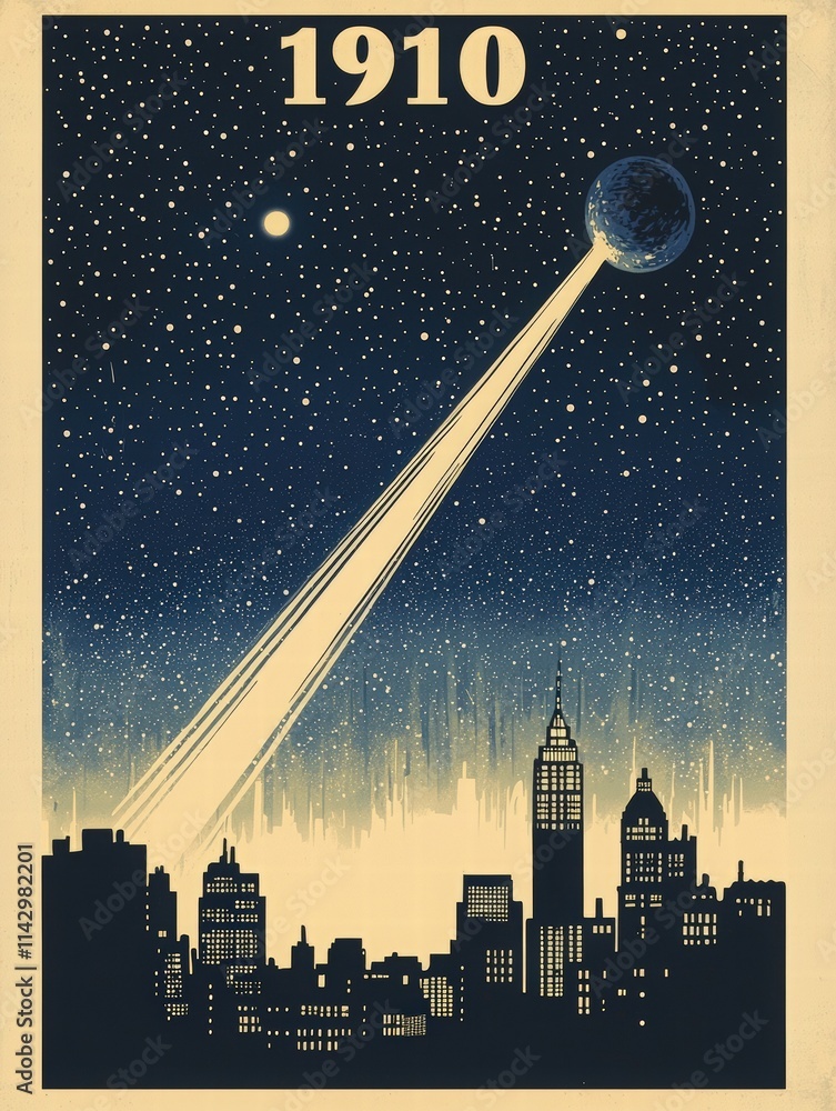 A vibrant urban skyline set in 1910 is illuminated by a bright beam from the moon. The atmosphere is filled with a starry sky, creating a sense of wonder and nostalgia for the past.