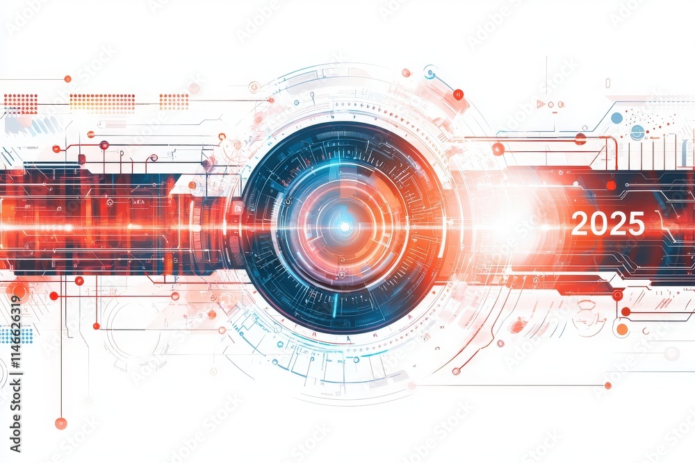A vibrant visual representation illustrating advanced technology concepts, featuring data patterns and a central lens symbolizing progress. Notable elements include digital lines and the year 2025.