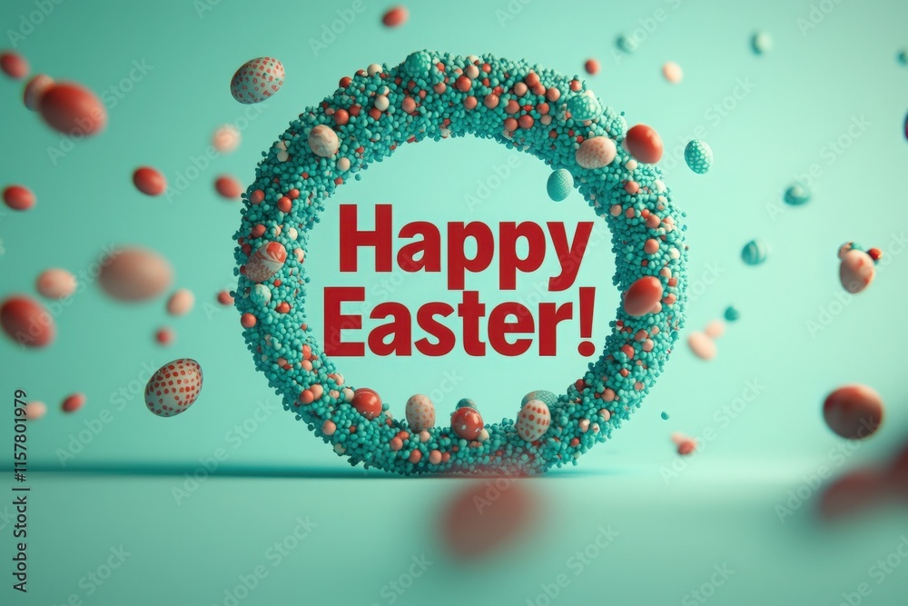 A vibrant wreath decorated with colorful candies and speckled eggs displays a cheerful greeting for Easter. The soft turquoise background enhances the festive mood of the celebration.