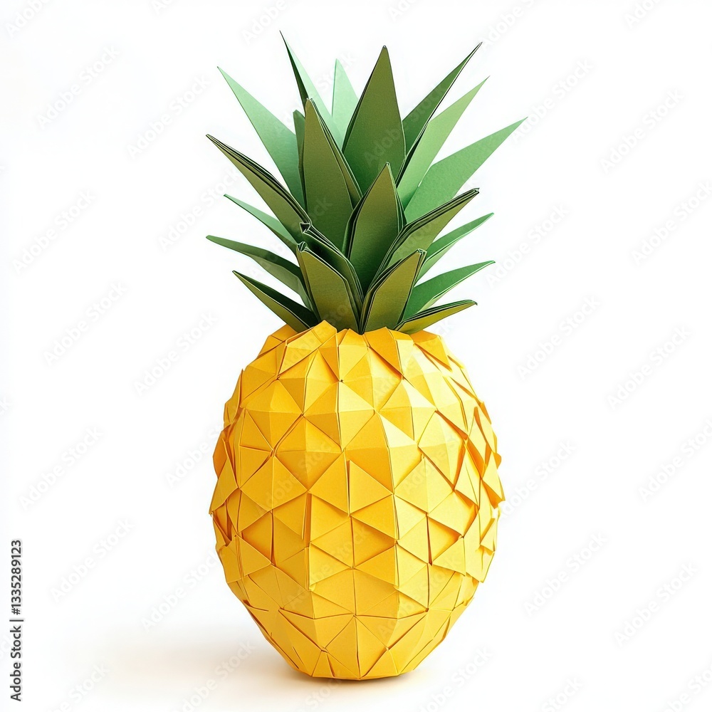 A vibrant yellow origami pineapple stands upright with triangular facets creating a textured surface. Green leaves emerge from the top, adding a natural touch to this creative paper artwork.