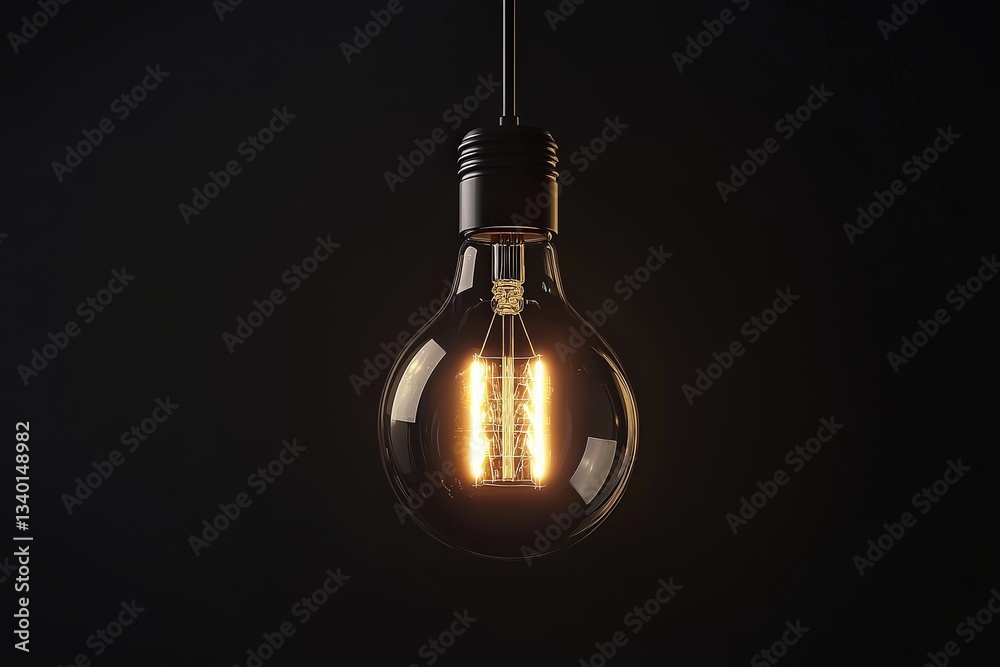 A vintage-style light bulb emits a warm glow, suspended from a black cord against a dark backdrop. The filament inside is visible, adding charm to the scene and creating a cozy ambiance.