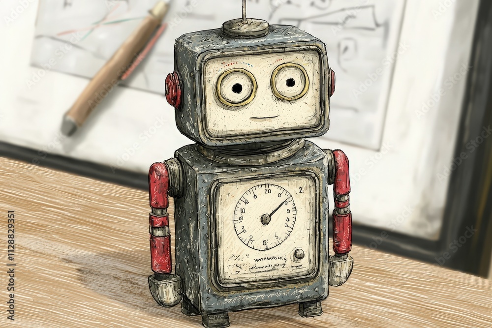 A vintage-style robot toy stands on a wooden desk. Behind it, sketches and a pen suggest an artists workspace filled with creativity and inspiration.