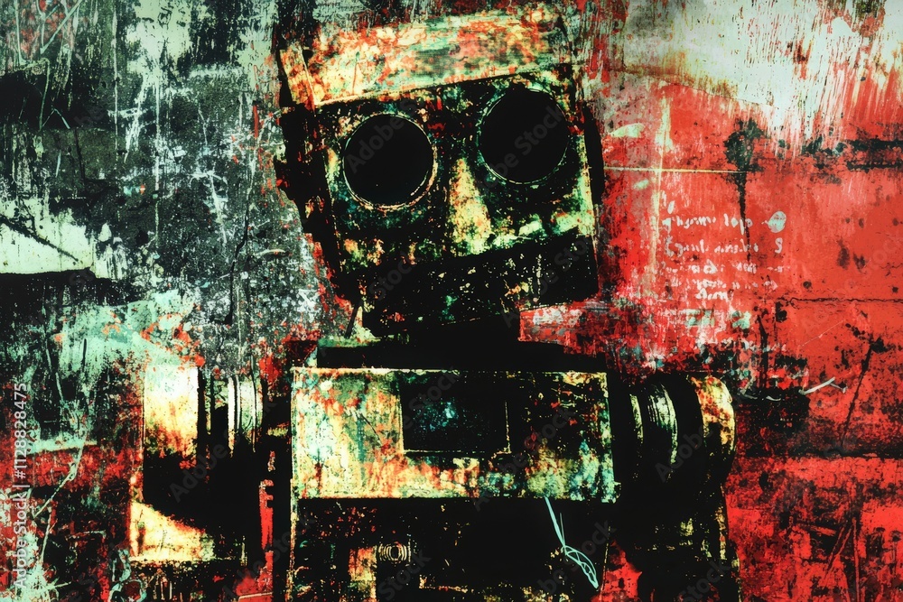 A vintage-styled robot with a rusty finish poses in front of a textured, colorful wall. Its retro features and faded details create an interesting contrast in this urban setting.