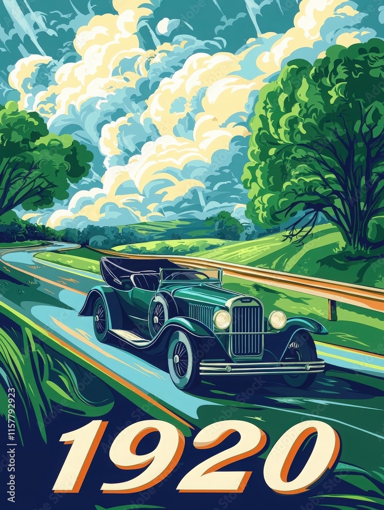 A vintage 1920s car travels along a winding road surrounded by lush greenery and vibrant clouds. The scene captures the essence of nostalgia and early automotive adventures.