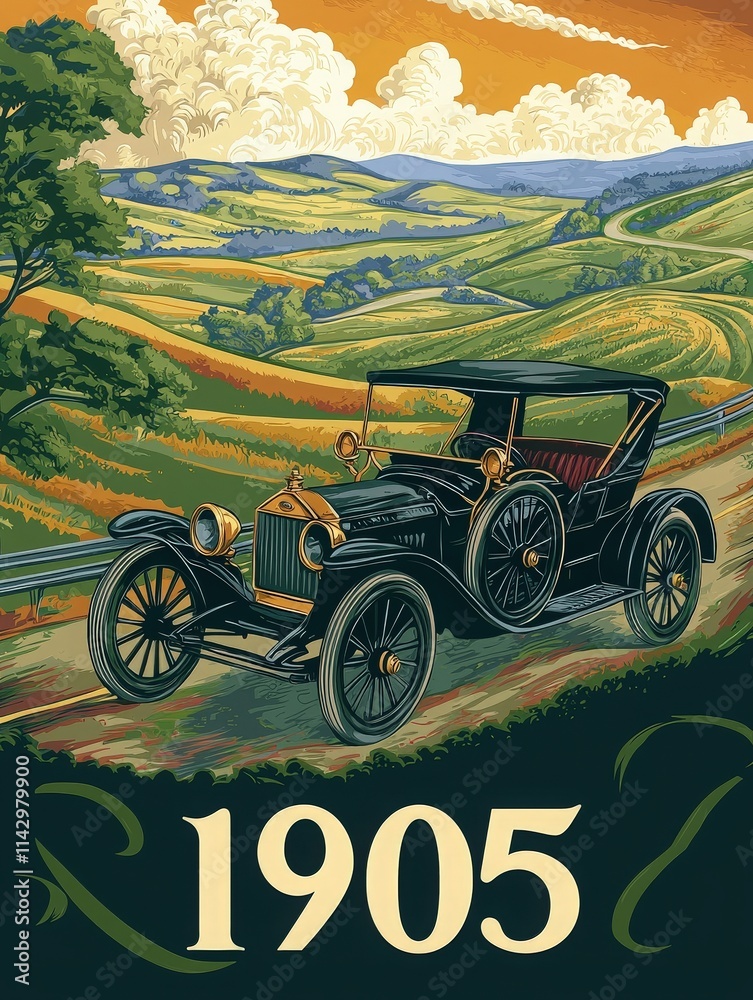 A vintage automobile from 1905 travels along a winding road through lush green fields under a colorful sunset sky. The serene landscape features rolling hills and fluffy clouds.