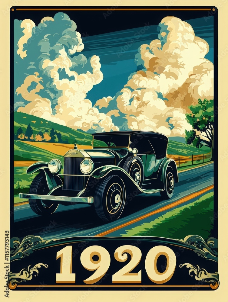 A vintage car from 1920 travels along a winding road surrounded by grassy hills and dramatic clouds. The landscape showcases the beauty of classic automobiles and nature.