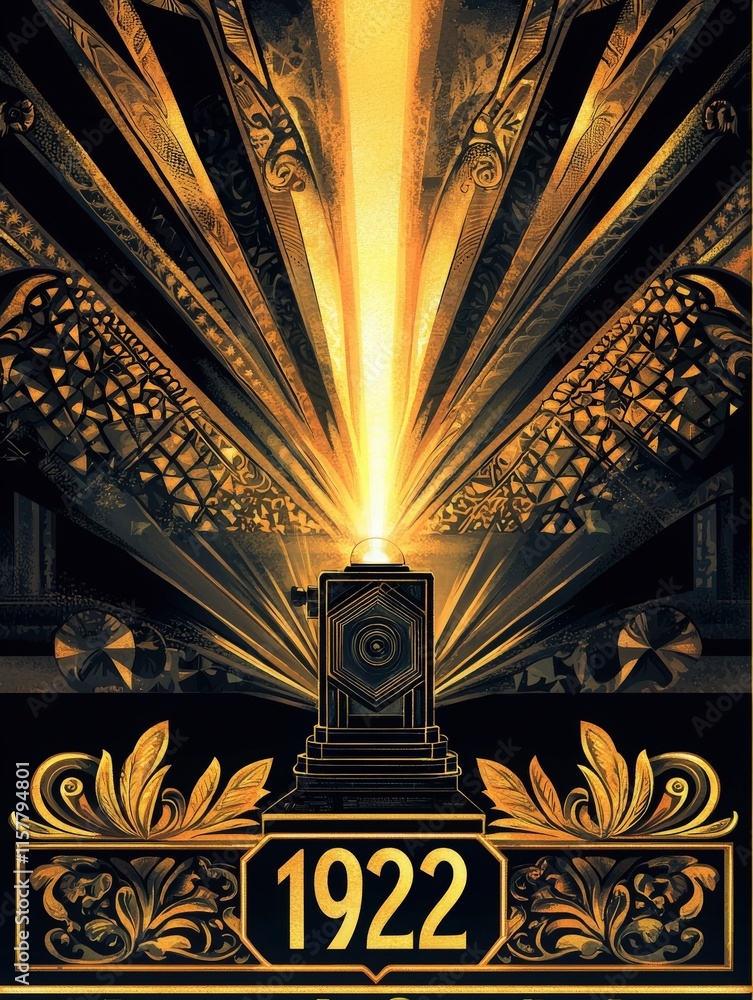 A vintage film projector casts vibrant golden rays while featuring intricate designs, highlighting the year 1922. The artwork captures the elegance and nostalgia of early cinema.