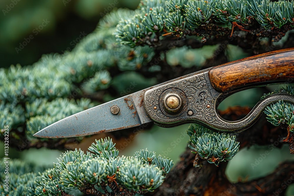 A vintage folding knife with an ornate design rests on the dense foliage of an evergreen branch. The knifes blade shows slight rust, highlighting its age amid the lush greenery surrounding it.