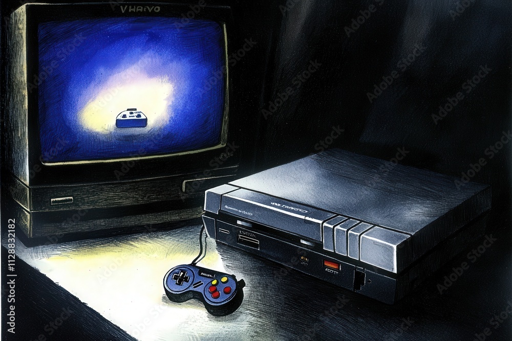 A vintage gaming console sits next to an old television. The screen displays a nostalgic game graphic while a controller rests nearby. This setup evokes memories of classic gaming times.