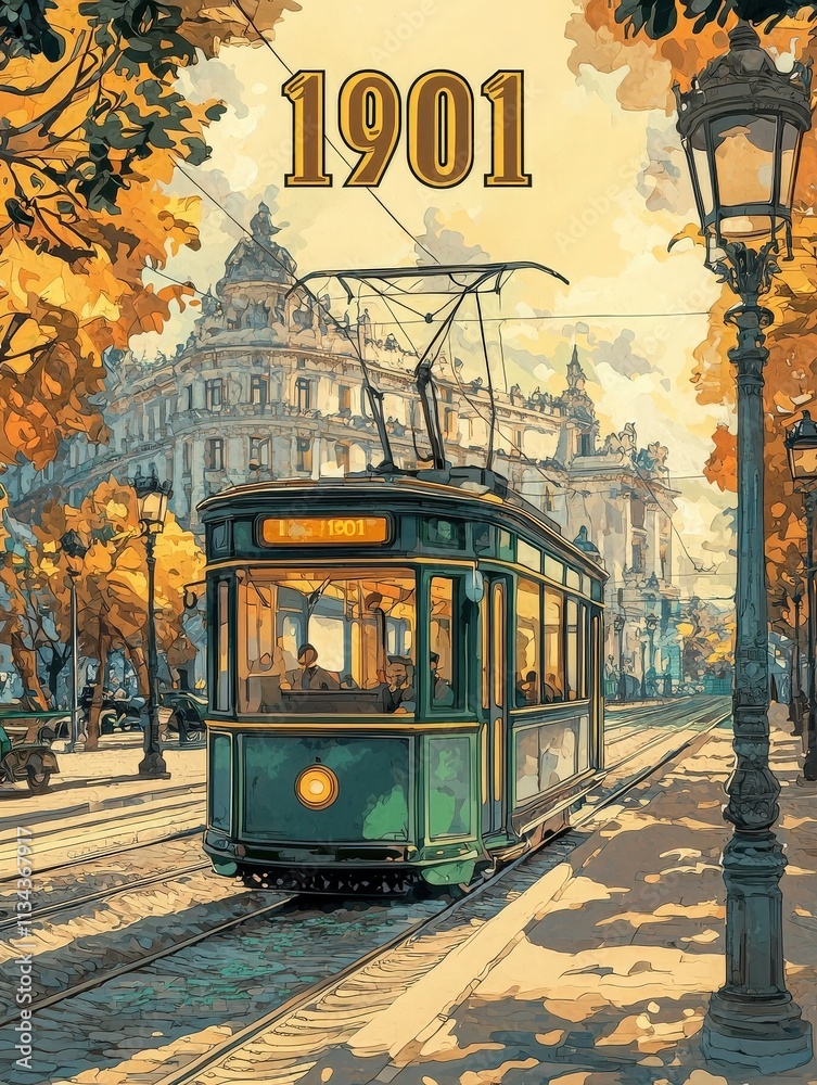 A vintage green tram rides along a tree-lined street filled with golden autumn leaves. Historic buildings rise in the background, capturing the charm of the early 20th century.
