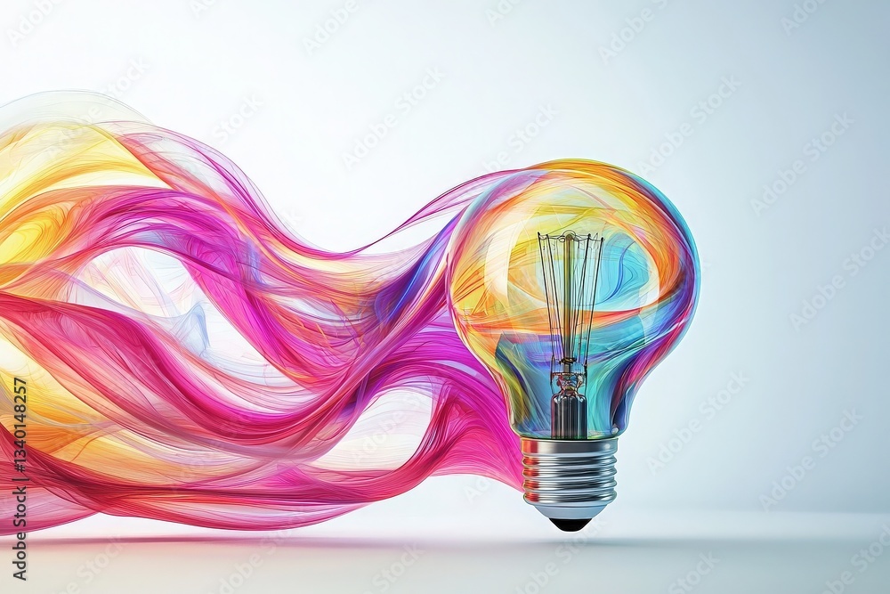 A vintage light bulb sits at the center, surrounded by colorful swirling trails of light. The vibrant hues and smooth motion create an artistic ambiance, emphasizing creativity and innovation.