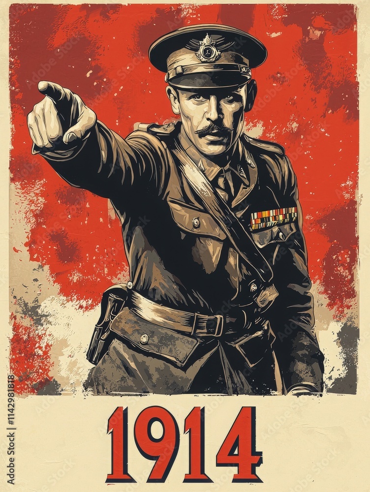 A vintage military recruitment poster from 1914 shows a commanding officer pointing forward, encouraging enlistment. The bold colors and strong imagery evoke patriotism and urgency.