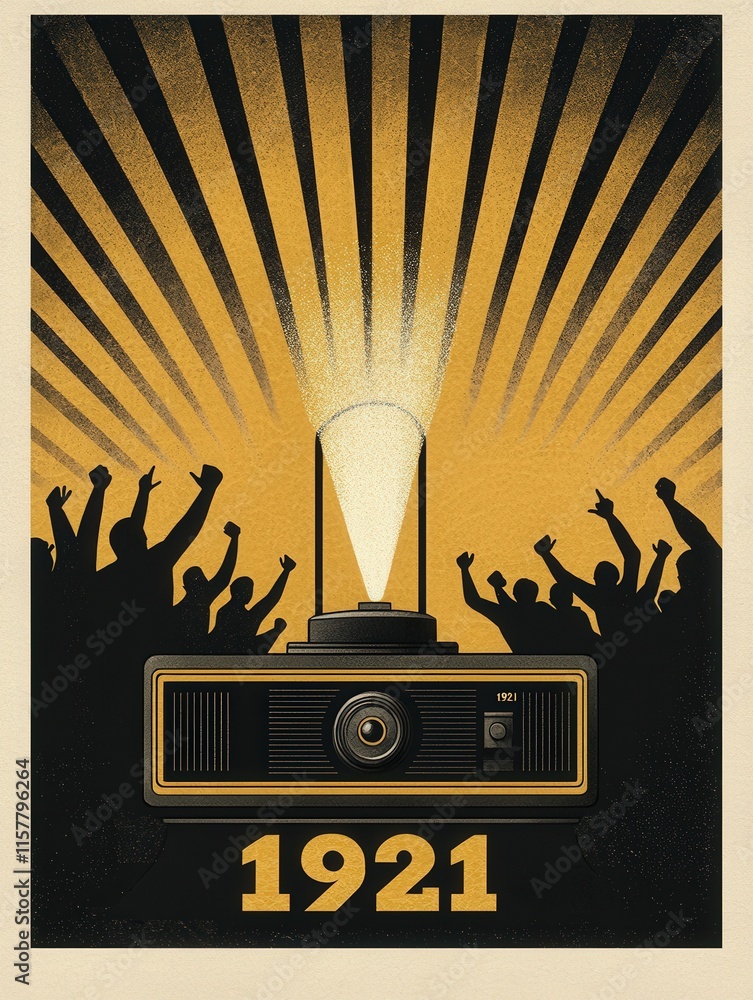 A vintage projector emits bright light while a crowd raises their hands in celebration. The design features striking black and gold colors, evoking a festive atmosphere from 1921.