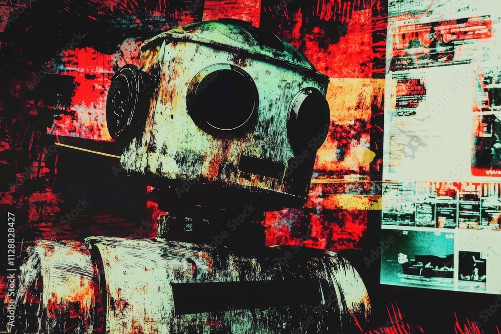 A vintage robot model stands prominently in a dimly lit room filled with colorful lights and digital displays. The atmosphere is vibrant and futuristic, creating a striking contrast.