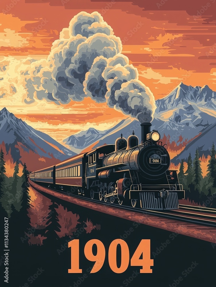 A vintage steam locomotive leaves a trail of smoke as it travels through rugged mountains during sunset. The warm colors create a nostalgic atmosphere, hinting at a journey from 1904.