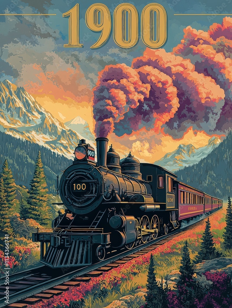A vintage steam locomotive powers through a lush valley surrounded by majestic mountains. Vibrant clouds of smoke rise as the train journeys on a scenic track, evoking nostalgia for the year 1900.