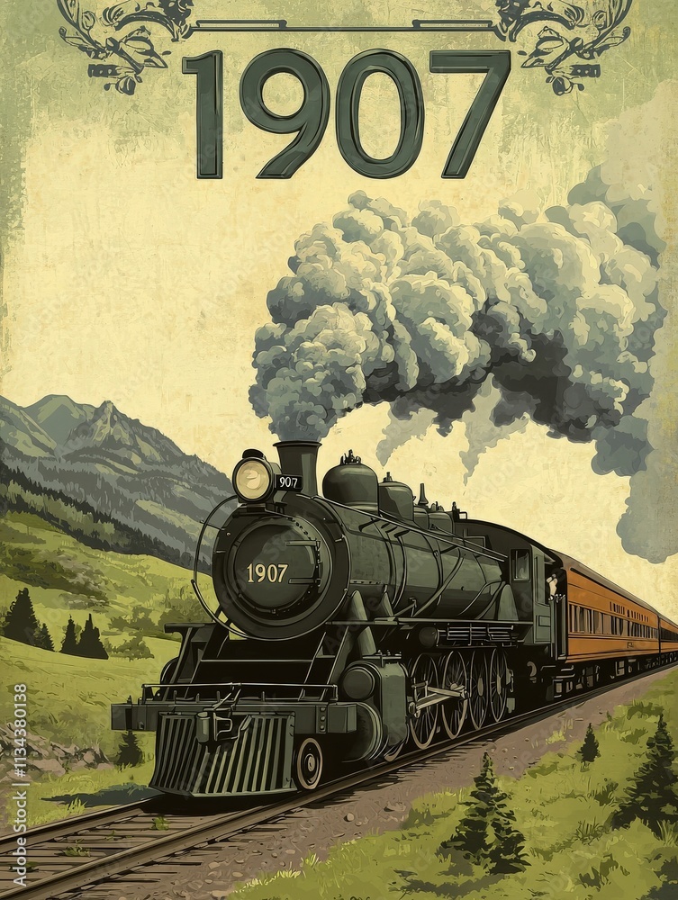 A vintage steam train from 1907 moves along a winding track. Smoke billows from its chimney, set against majestic mountains and lush greenery, capturing a moment in transportation history.
