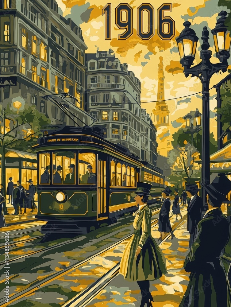 A vintage streetcar moves along a city street filled with pedestrians in 1906. The surroundings feature ornate buildings and gaslight lamps, creating a warm evening glow.