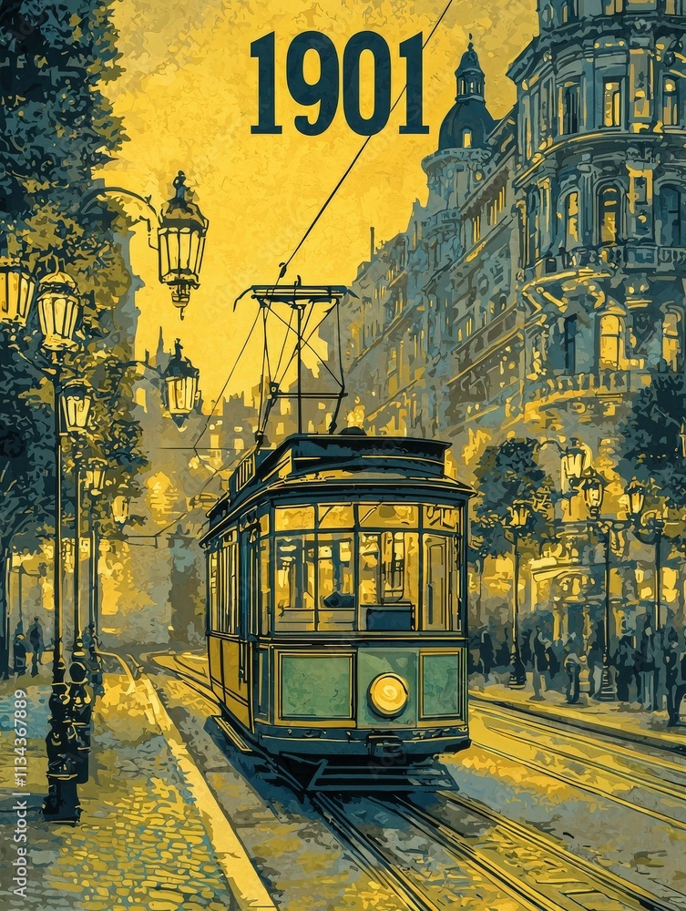 A vintage streetcar moves along cobblestone tracks lined with lamps in a bustling historic city. Dusk casts a warm glow, highlighting the elegant architecture and early 20th-century charm.