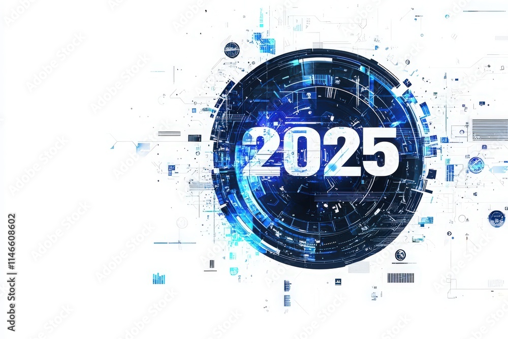 A visual representation of the year 2025 featuring a circular design filled with blue technology motifs and data patterns. The numbers are prominently displayed, signifying futuristic advancements.