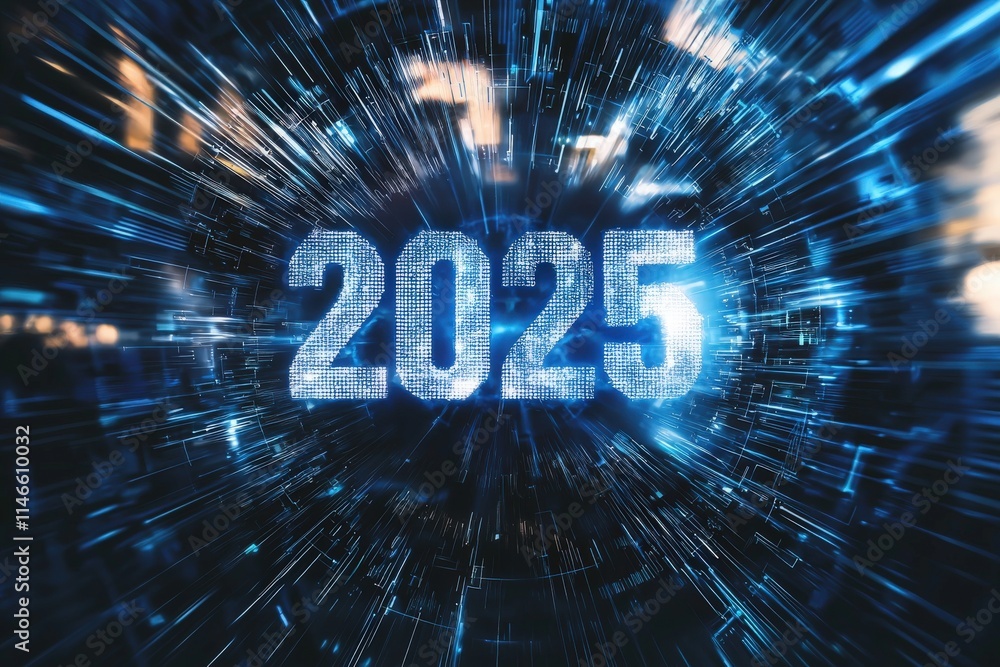 A visual representation of the year 2025, featuring glowing numbers in blue against a dynamic, technology-inspired backdrop. The design suggests speed and progress, emphasizing a futuristic theme.