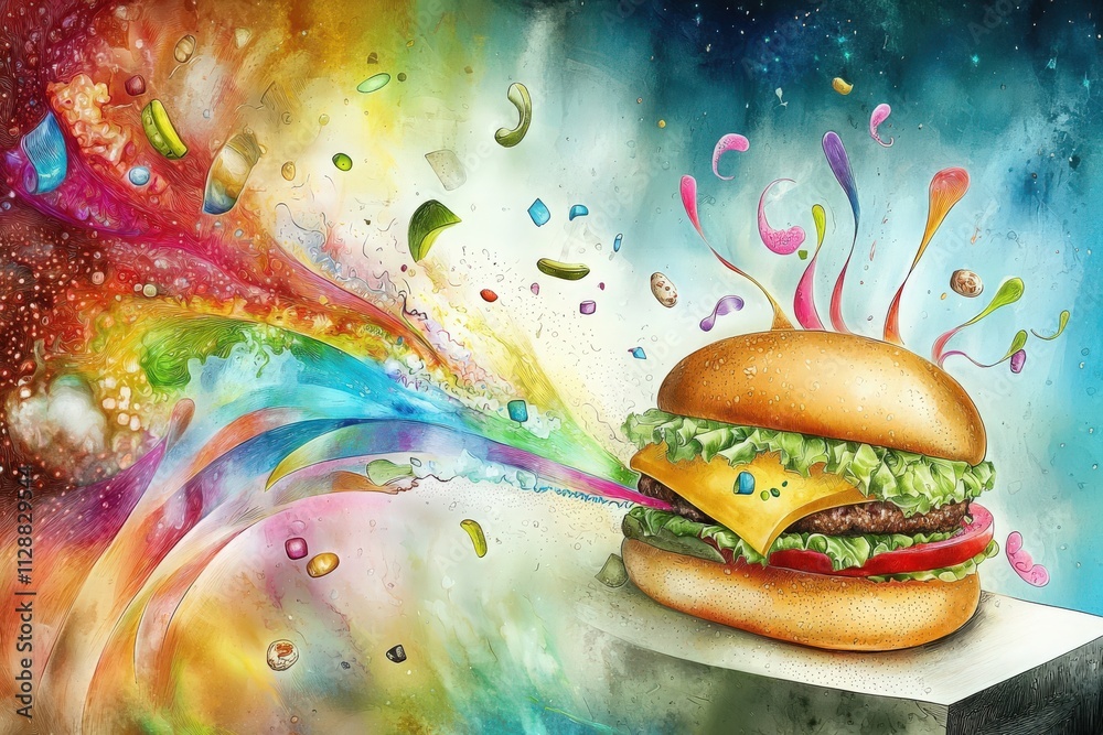 A visually striking burger is centered in a swirling array of colors, with splashes of vibrant ingredients exploding around it. The cosmic backdrop enhances the whimsical design.