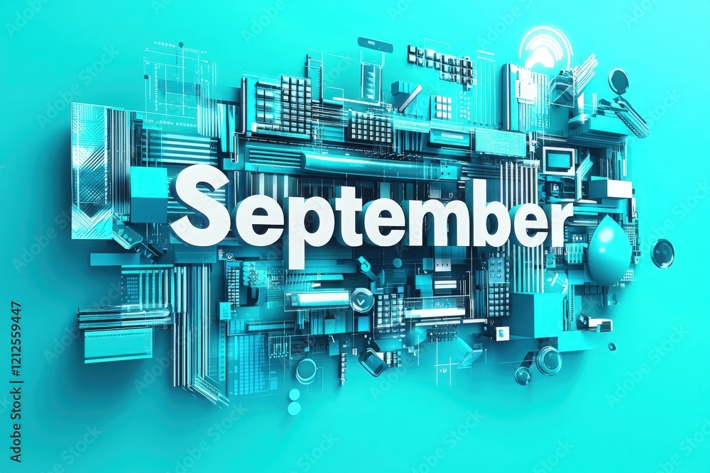A visually striking design displays the word September amidst various geometric shapes and patterns. The vibrant blue background adds depth, creating an engaging composition that captures attention.