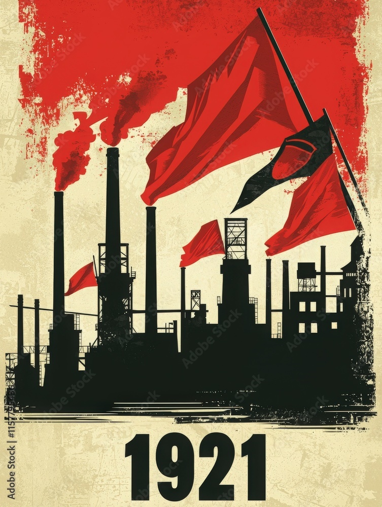 A visually striking poster illustrates a factory skyline with tall smokestacks billowing smoke against a dramatic red backdrop. Flags wave prominently, evoking a sense of historical significance.
