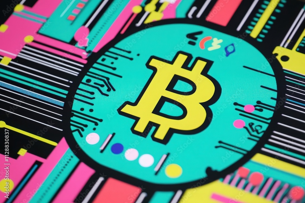 A vivid Bitcoin symbol stands out against a colorful circuit design, representing the fusion of technology and finance. The artwork reflects modern digital currency trends and blockchain technology.