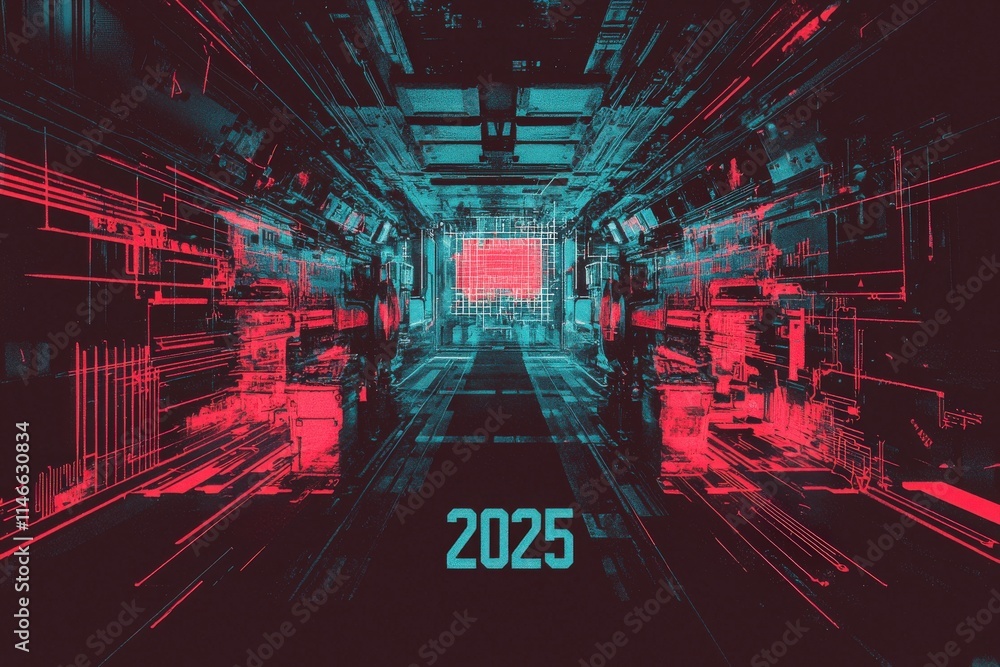 A vivid corridor filled with geometric shapes and glowing patterns is presented, marked with the year 2025. The neon hues create a high-tech atmosphere suggesting advanced technology and innovation.