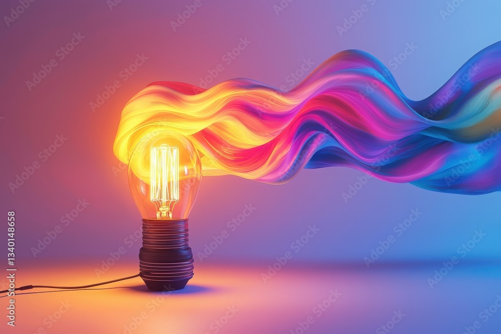 A vivid display of colorful light waves flows gracefully from a glowing incandescent bulb. The dynamic blend of warm and cool colors creates a mesmerizing visual effect in a creative setting.