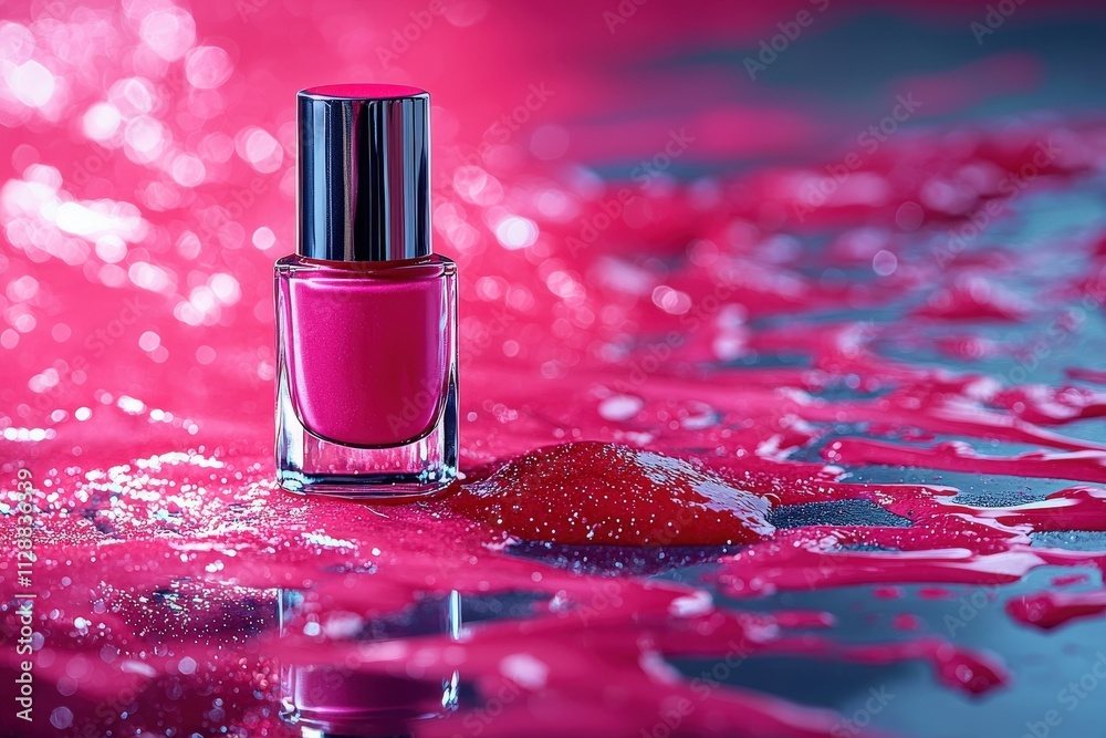 A vivid pink nail polish bottle stands upright amidst a pool of spilled polish, creating a vibrant reflection. The glossy surface highlights the colors intensity and adds allure.