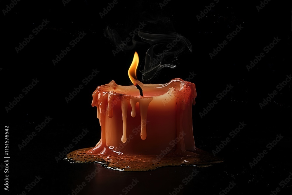 A wax candle burns steadily in a dark environment, with soft golden light illuminating its surroundings. The wax drips down the sides, forming unique shapes.
