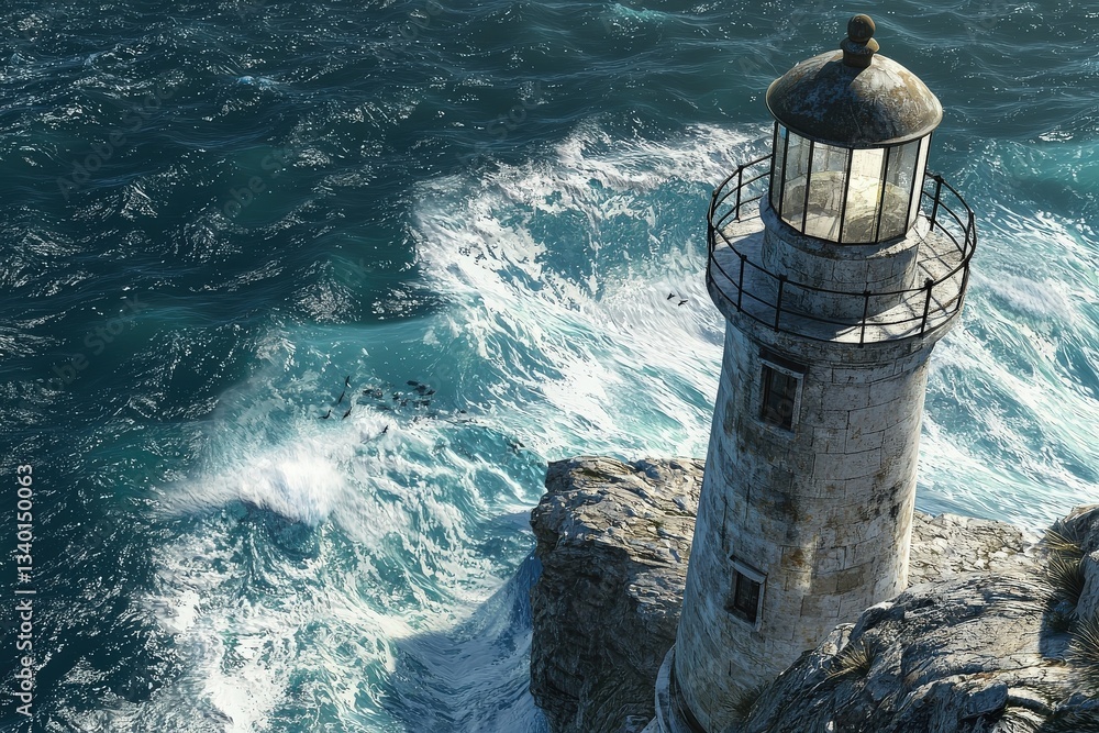 A weathered lighthouse overlooks a stormy sea, with powerful waves crashing against rocky cliffs. The sky is overcast, suggesting an impending storm, enhancing the dramatic atmosphere.