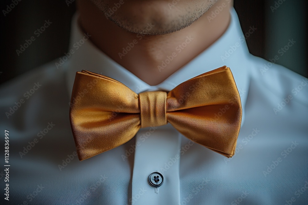 A well-dressed individual showcases a vibrant golden bow tie on a crisp white shirt, ready for a formal occasion. The bow tie adds a touch of elegance to the outfit, enhancing the overall appearance.