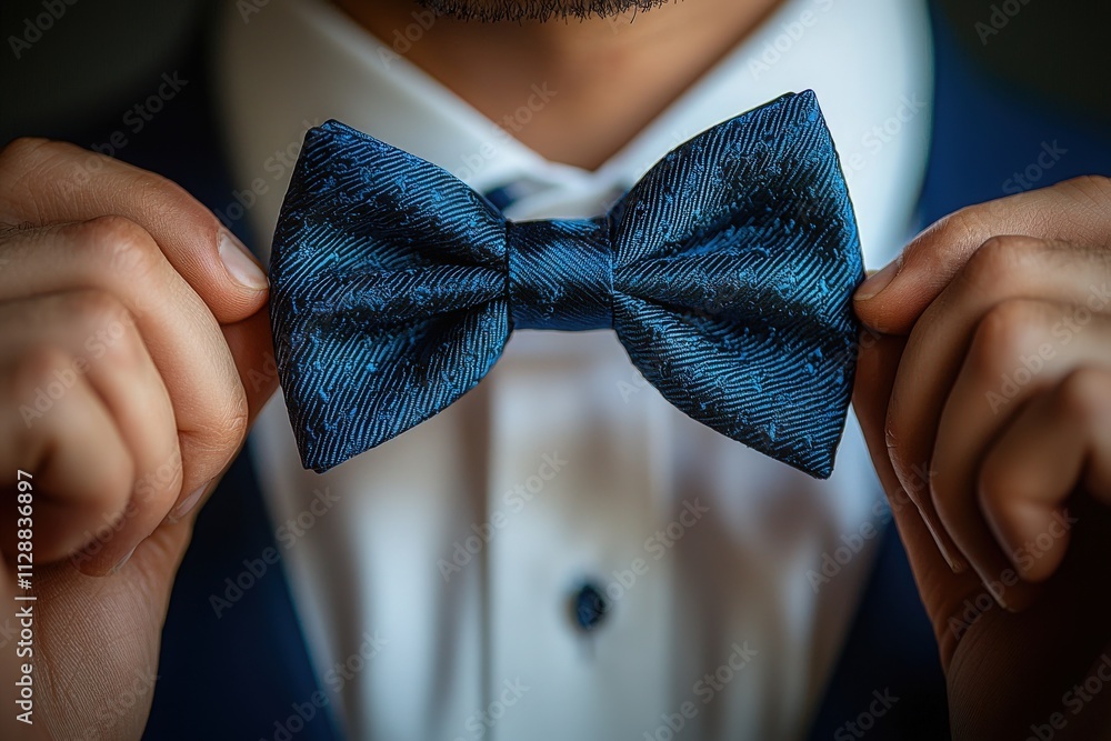 A well-dressed man is adjusting his unique blue bow tie with intricate patterns. He is wearing a formal suit, preparing for an elegant gathering or important occasion, showcasing sophistication.