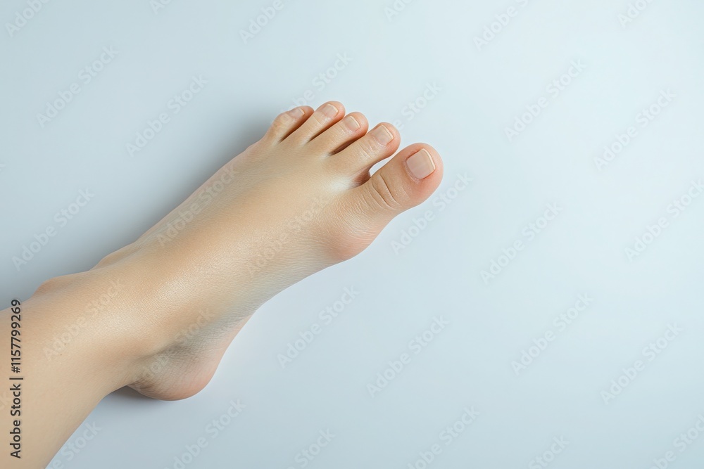 A well-groomed foot with neatly manicured nails is placed on a smooth, light surface. The skin appears soft and flawless, showcasing a serene and relaxed posture.