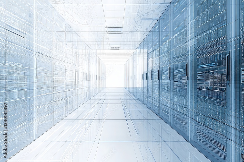 A well-lit corridor in a data center features rows of server racks on both sides. The sleek design and high-tech environment highlight the efficiency of modern computing and data storage solutions.