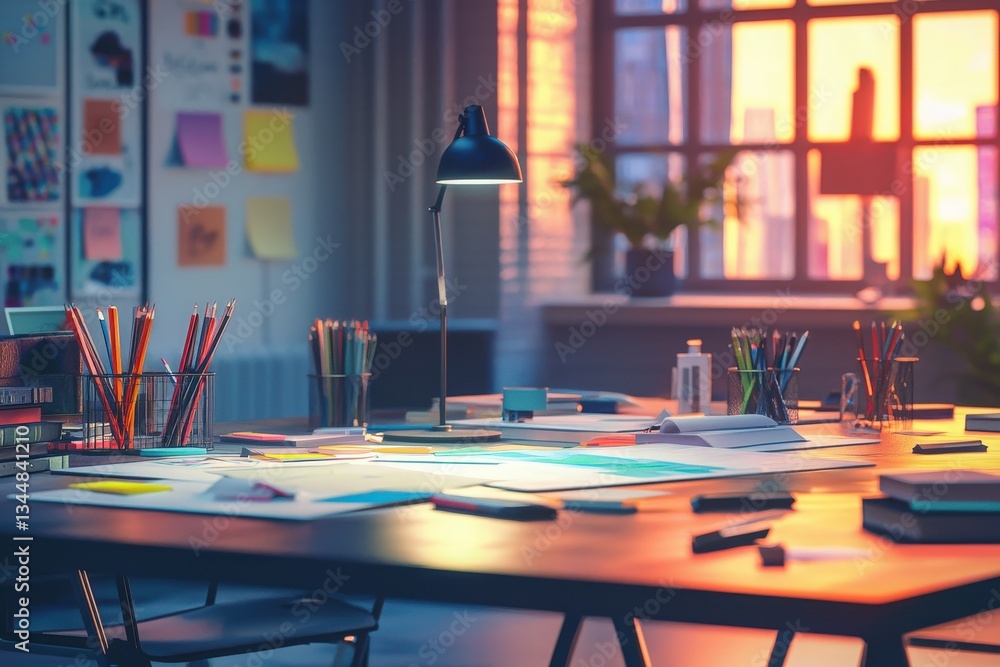 A well-organized workspace features a large table filled with sketchbooks, colored pencils, and various art supplies. A desk lamp casts warm light, enhancing the vibrant colors of materials.