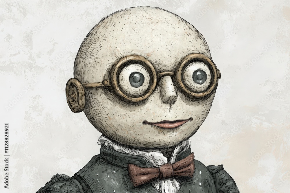 A whimsical character with large round glasses and a bow tie stands out against a neutral background. The detailed illustration showcases the characters expressive features and unique attire.