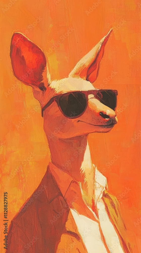A whimsical kangaroo character wears stylish sunglasses and a smart outfit. The bright orange background adds a playful and creative touch to the scene, enhancing its fun vibe.