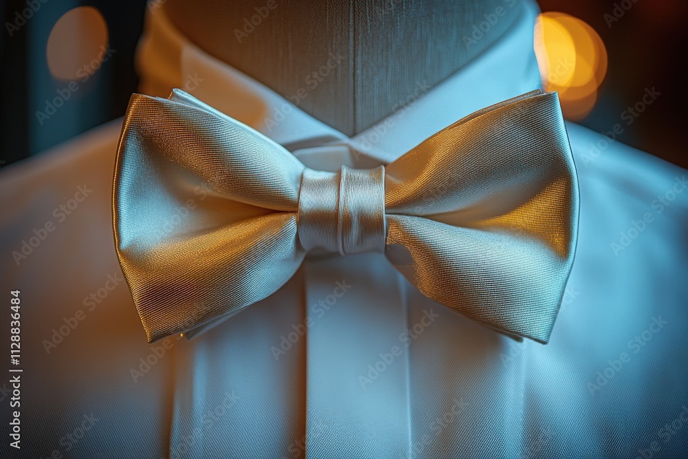 A white bow tie is neatly tied around the collar of a white shirt, illuminated by soft, warm lighting.